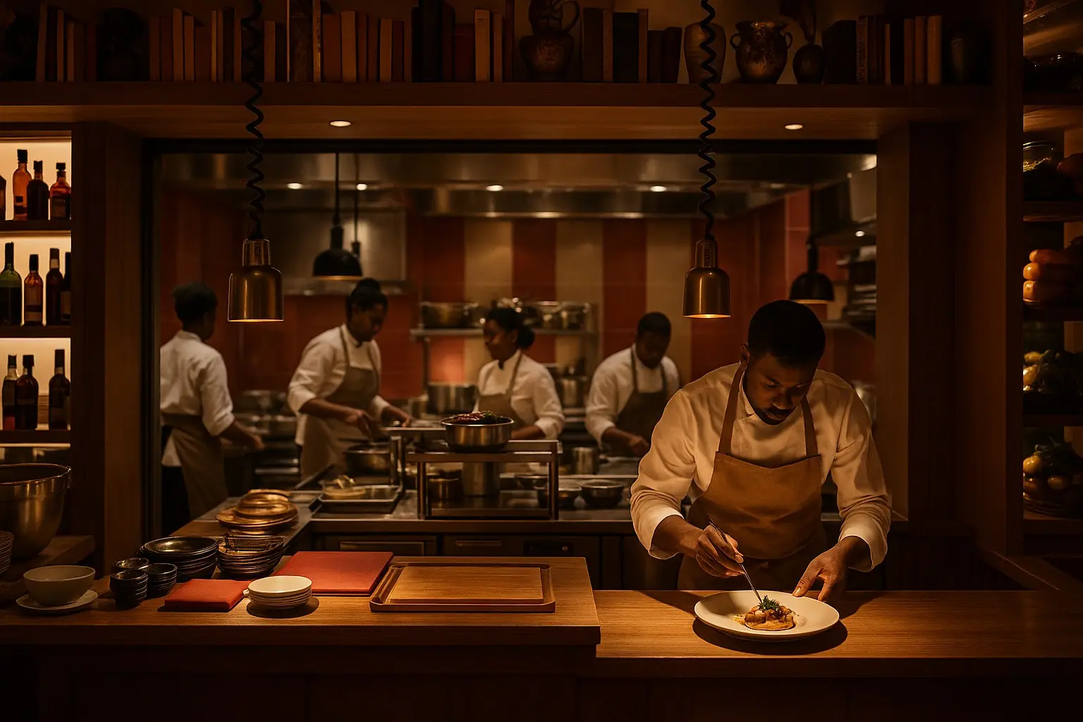 Chef plating a dish in the MayaMoyo Dishes kitchen